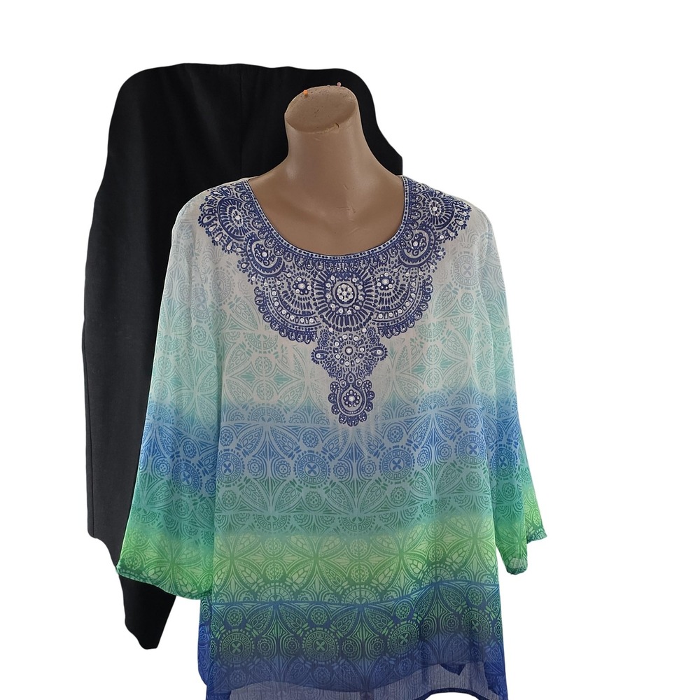 Alfred Dunner 2 Piece Set Womens 16‎ Blue Green Ombre Blouse Black Pants Pull-On